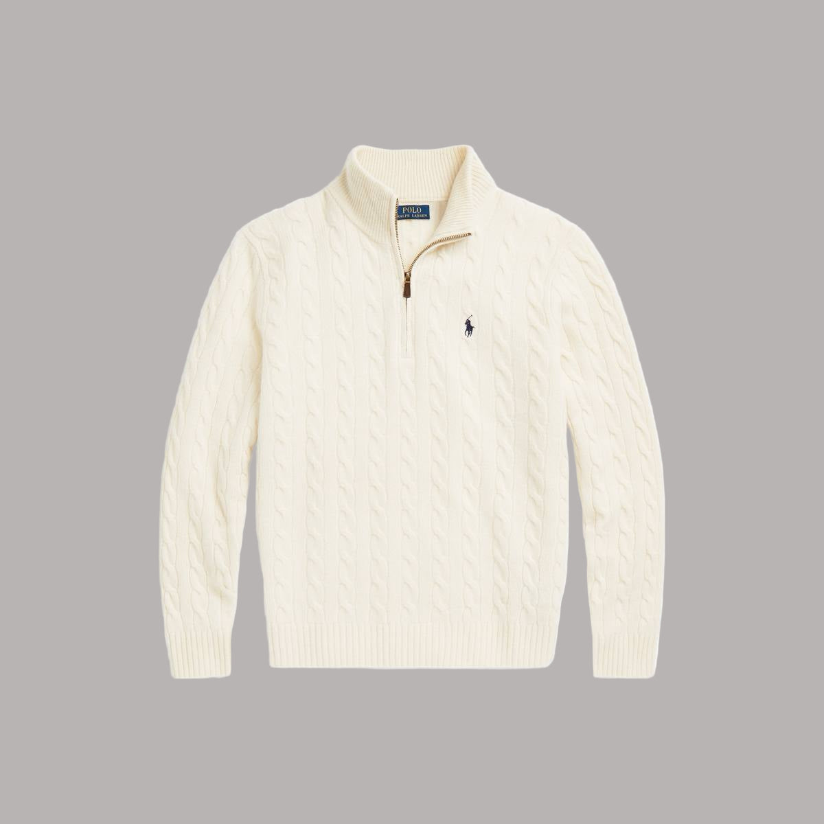 Quarter Zip Cable Knit White RL - Limited Quantity