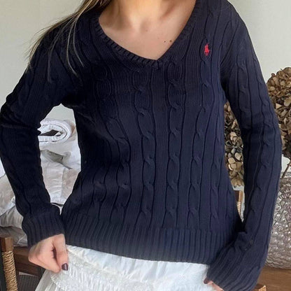Women V-Neck Cable Knit Sweater Navy